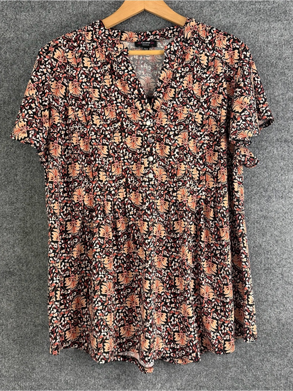 Cocomo Womens 2X Floral Top Short Sleeve V Neck Office Casual Stretch